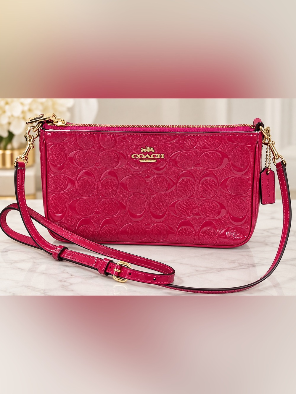 Coach Nolita Pochette Raspberry Pink Patent Leather Signature Crossbody Wristlet